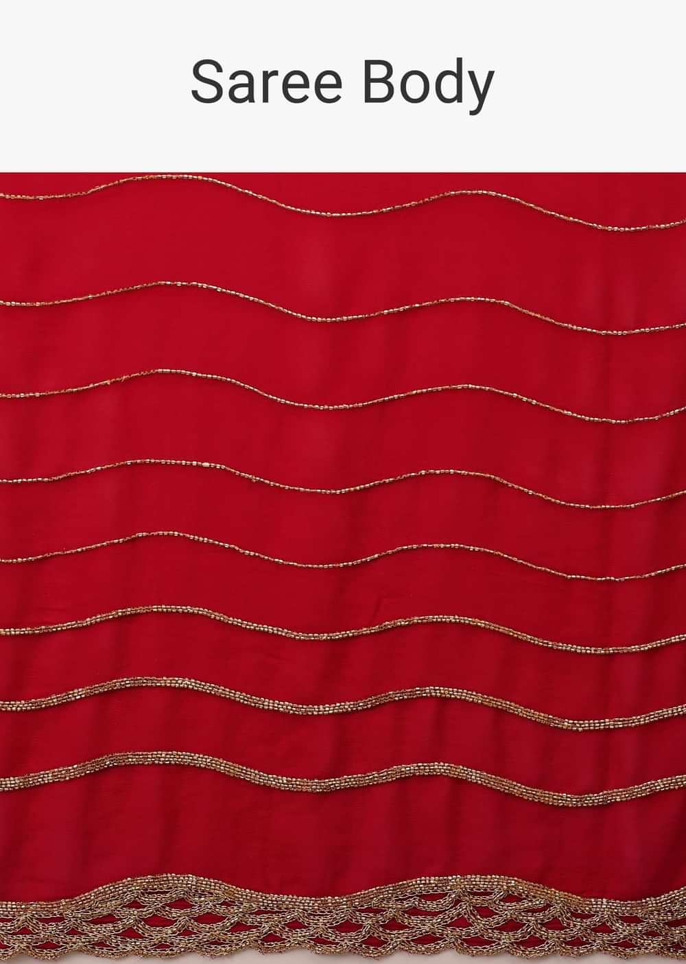 Lipstick Red Georgette Saree Adorned With Golden Zardozi Embroidery & Detailing, And Cut Dana Fringes