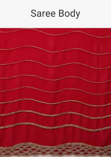 Lipstick Red Georgette Saree Adorned With Golden Zardozi Embroidery & Detailing, And Cut Dana Fringes