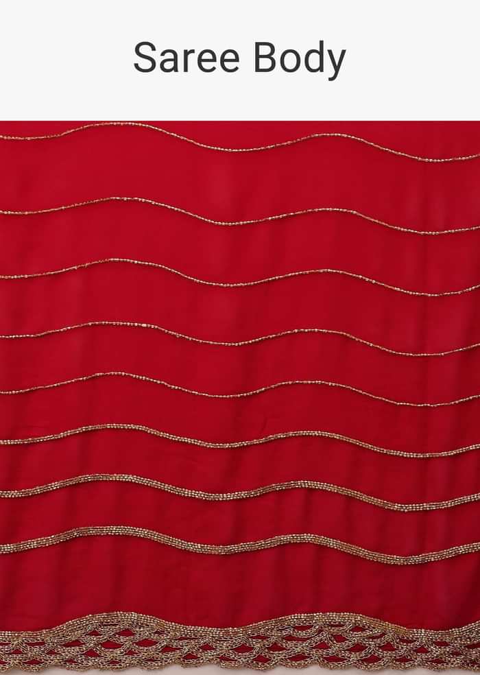 Lipstick Red Georgette Saree Adorned With Golden Zardozi Embroidery & Detailing, And Cut Dana Fringes