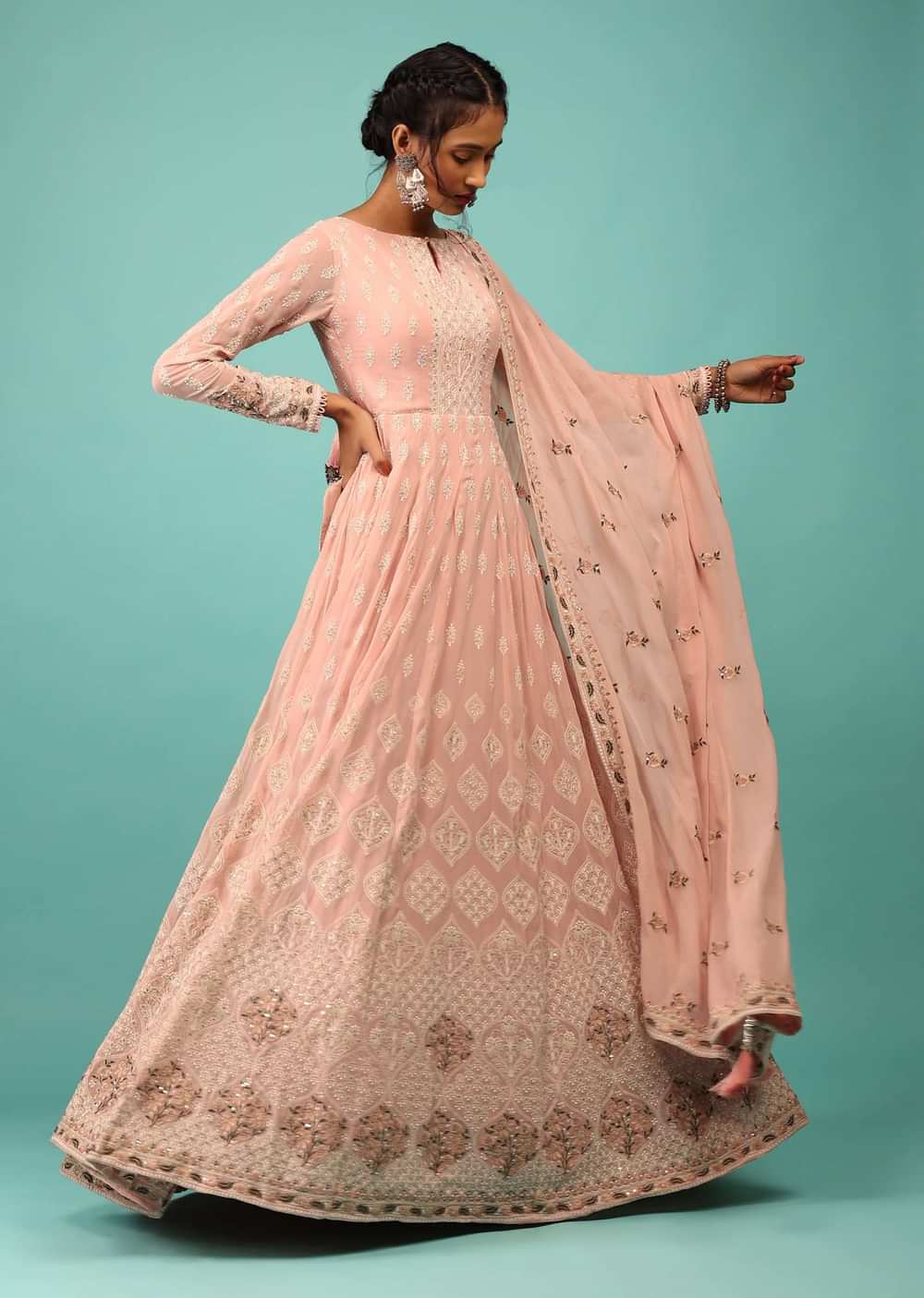 Powder Pink Anarkali Suit In Georgette With Floral Embroidery