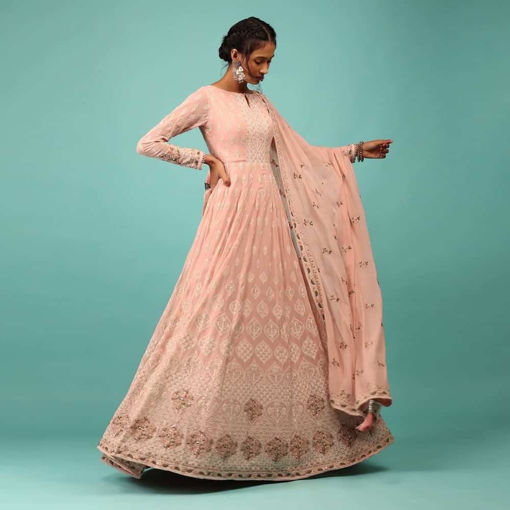 Powder Pink Anarkali Suit In Georgette With Floral Embroidery