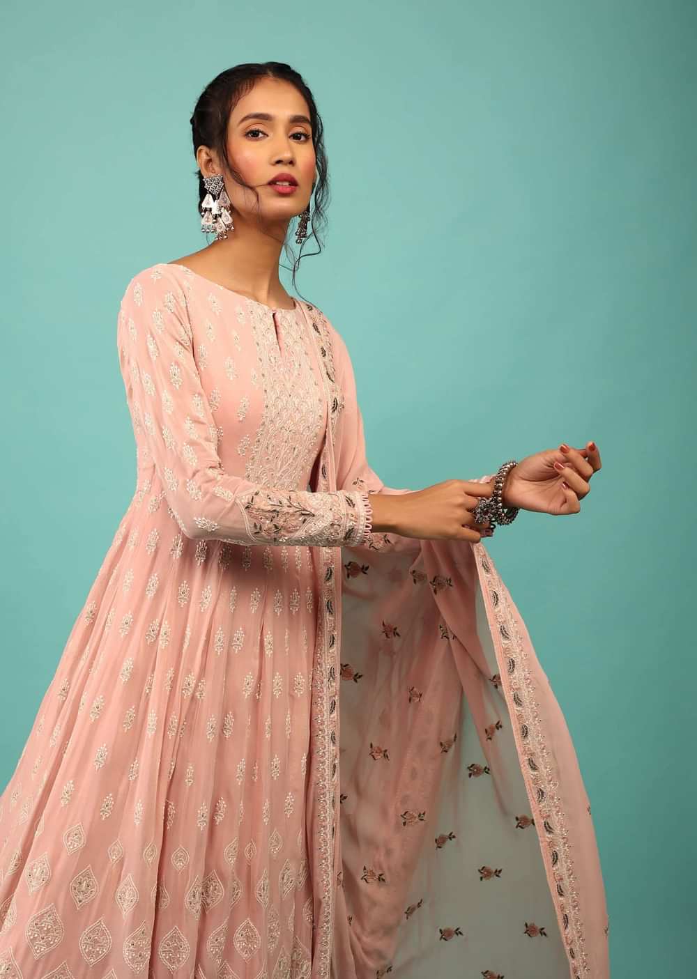 Powder Pink Anarkali Suit In Georgette With Floral Embroidery