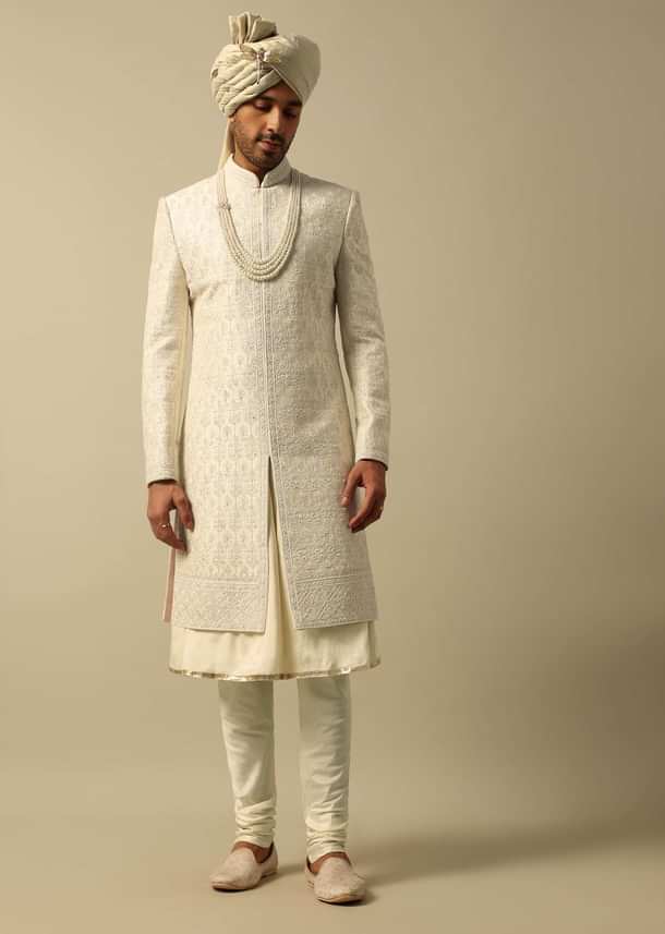 Luxurious White Raw Silk Sherwani