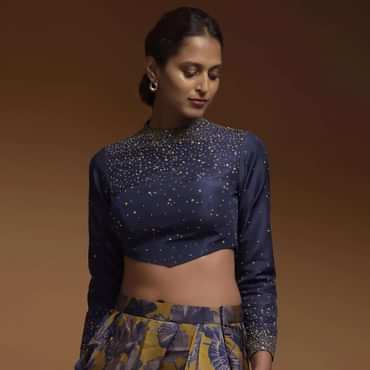 Indigo Crop Top In Silk Blend With Sequins And Beads Work In Gradient Pattern And Full Sleeves