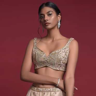 Gold Beige Blouse In Raw Silk With Sweetheart Neckline And Embroidered Floral And Checks Pattern