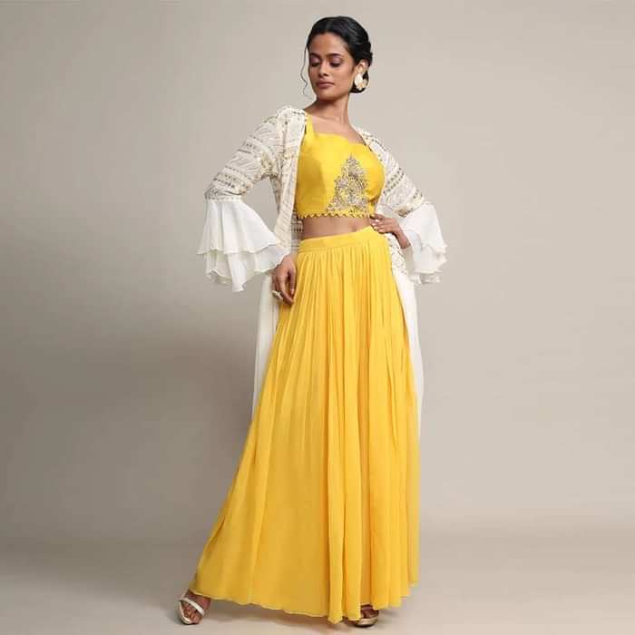 Sun Yellow Palazzo And Crop Top With Off White Long Jacket With Cowl Drape