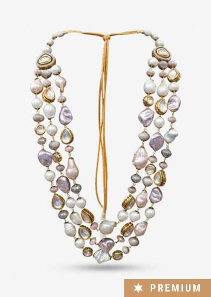 Multi Color Layered Necklace With Pastel Tone Pearls And Kundan That Come Set With Delicate Crystals By Prerto