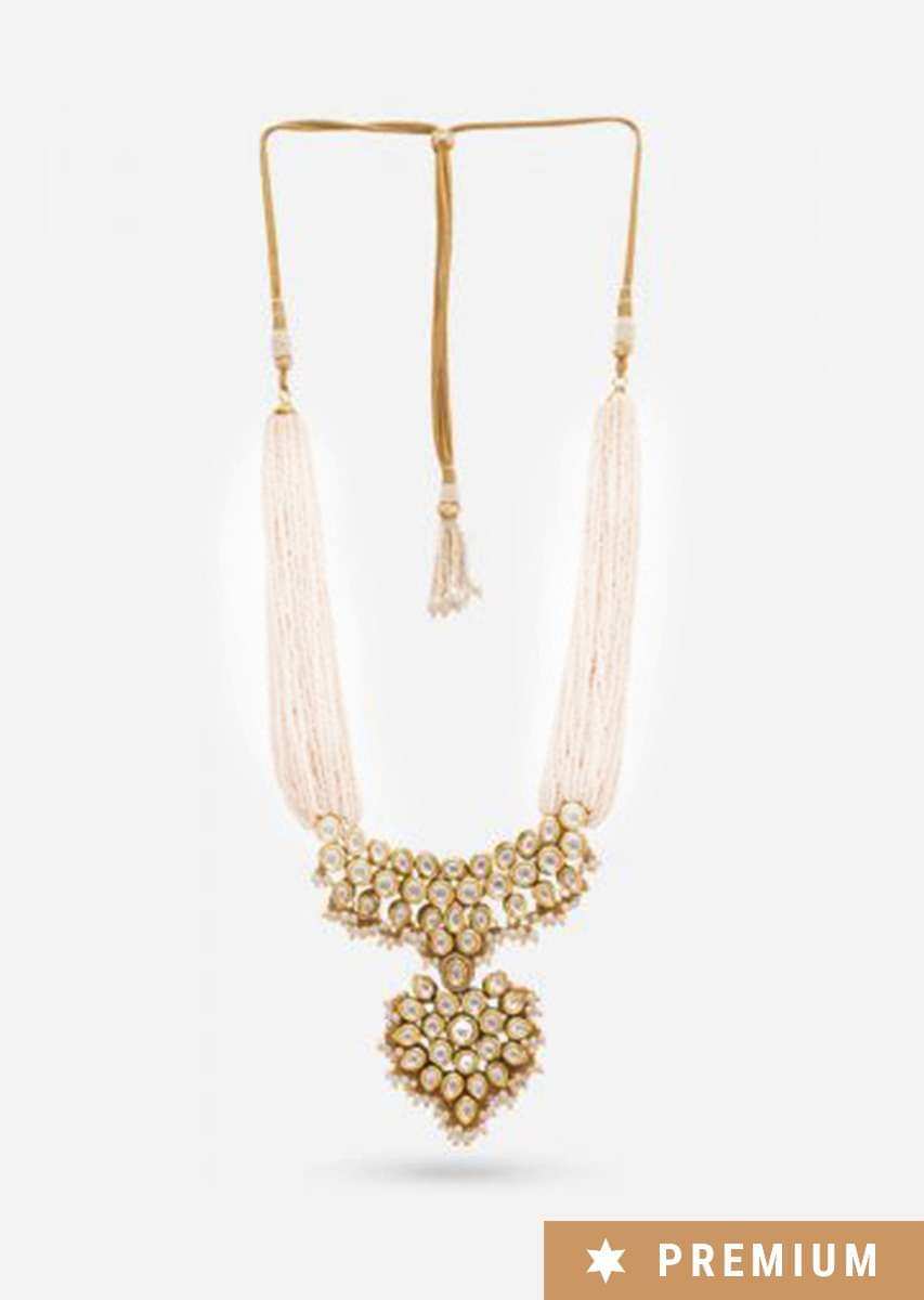 Gold Plated Necklace With Kundan Adorned Pendant And Pearl Strings By Prerto