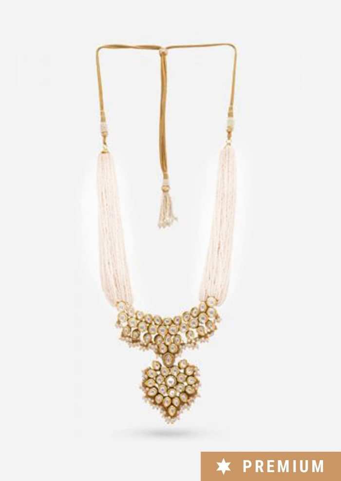 Gold Plated Necklace With Kundan Adorned Pendant And Pearl Strings By Prerto