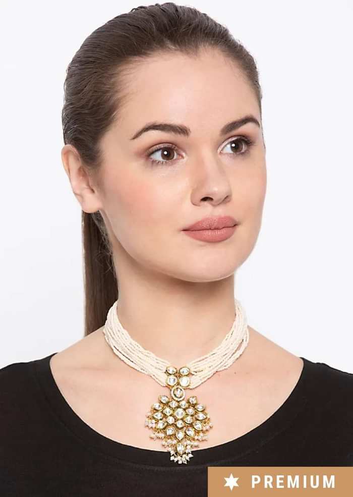 Gold Plated Necklace With Kundan Centrepiece And Pearl Strings By Prerto