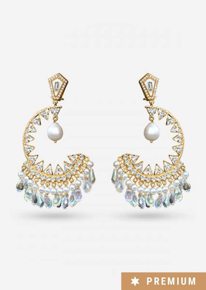 Gold Plated Earrings In Crescent Design With Dangling Pearls And Crystals By Prerto