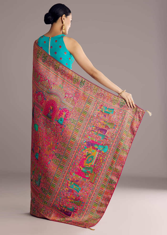 Magenta Dola Silk Saree With Traditional Prints