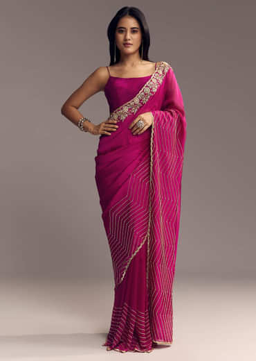 Magenta Organza Saree With Cut Dana And Sequin Embroidery
