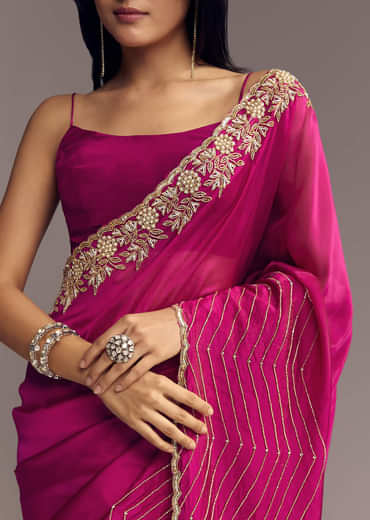 Magenta Organza Saree With Cut Dana And Sequin Embroidery