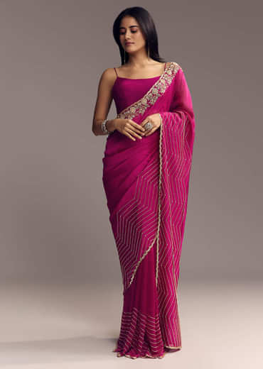 Magenta Organza Saree With Cut Dana And Sequin Embroidery