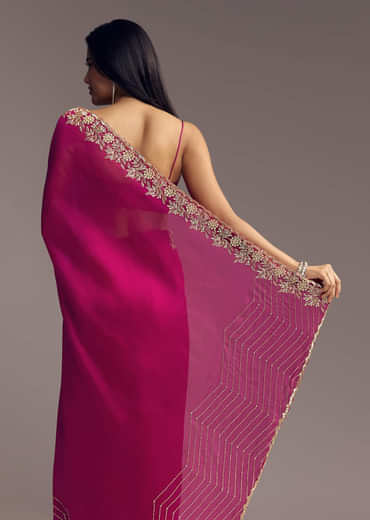 Magenta Organza Saree With Cut Dana And Sequin Embroidery