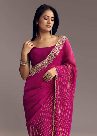 Magenta Organza Saree With Cut Dana And Sequin Embroidery
