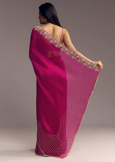 Magenta Organza Saree With Cut Dana And Sequin Embroidery
