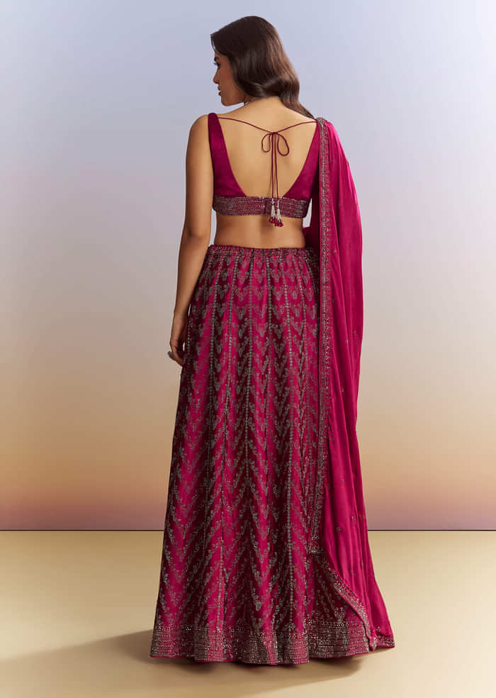 Magenta Pink Satin Bridesmaid Lehenga With Stone Work