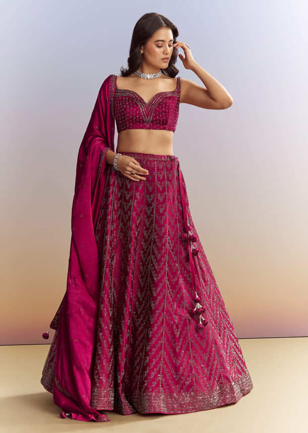 Magenta Pink Satin Bridesmaid Lehenga With Stone Work
