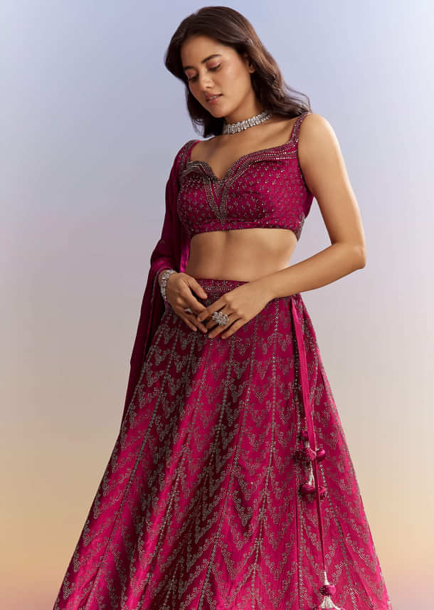 Magenta Pink Satin Bridesmaid Lehenga With Stone Work