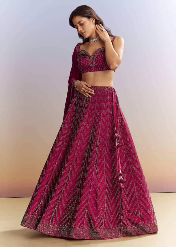 Magenta Pink Satin Bridesmaid Lehenga With Stone Work