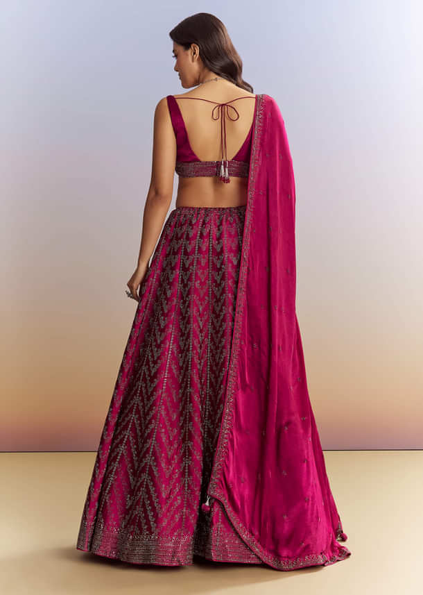Magenta Pink Satin Bridesmaid Lehenga With Stone Work