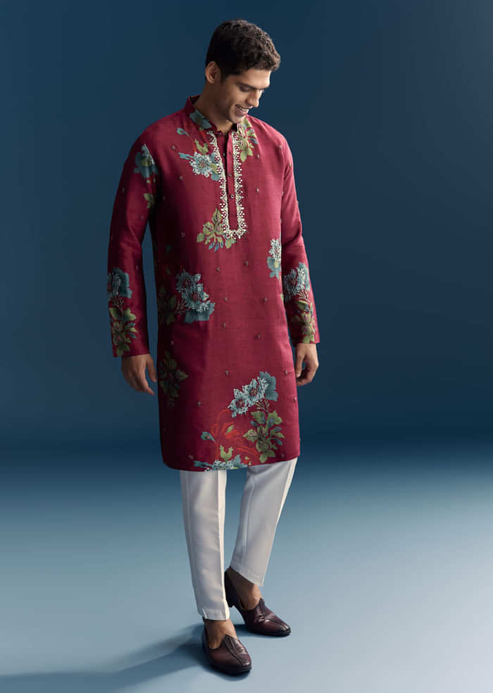 Magenta Silk Kurta Set For Men With Heavy Hand Work