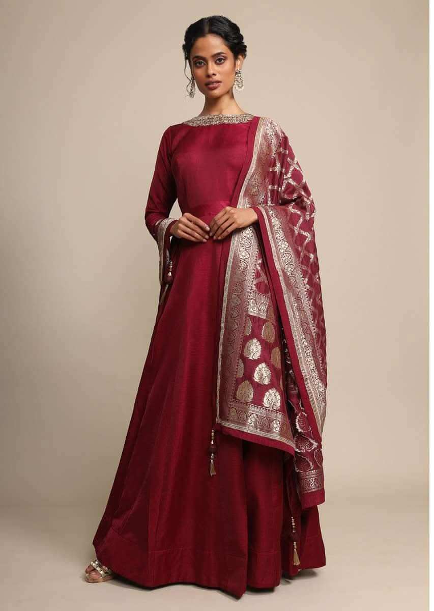 Maroon Anarkali Suit In Silk With A Banarasi Brocade Dupatta Adorned In Cutdana And Kundan Work