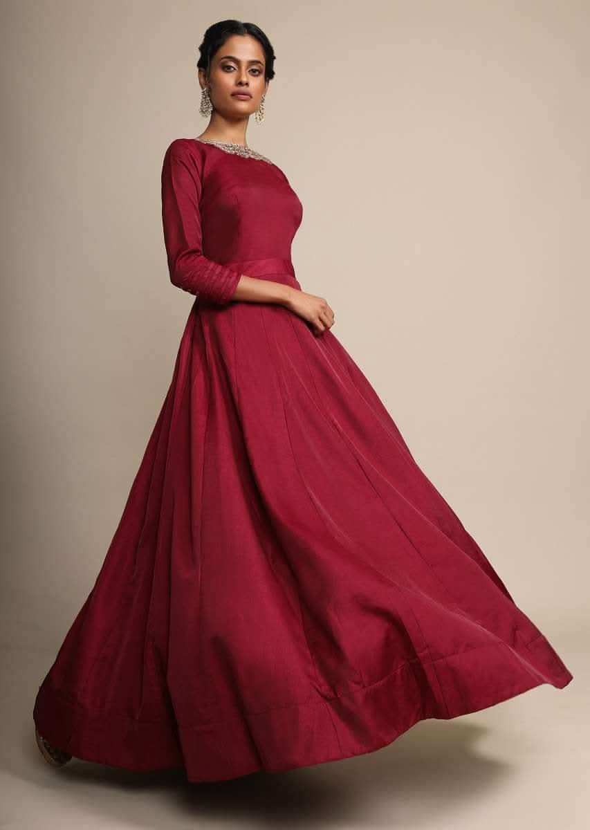 Maroon Anarkali Suit In Silk With A Banarasi Brocade Dupatta Adorned In Cutdana And Kundan Work