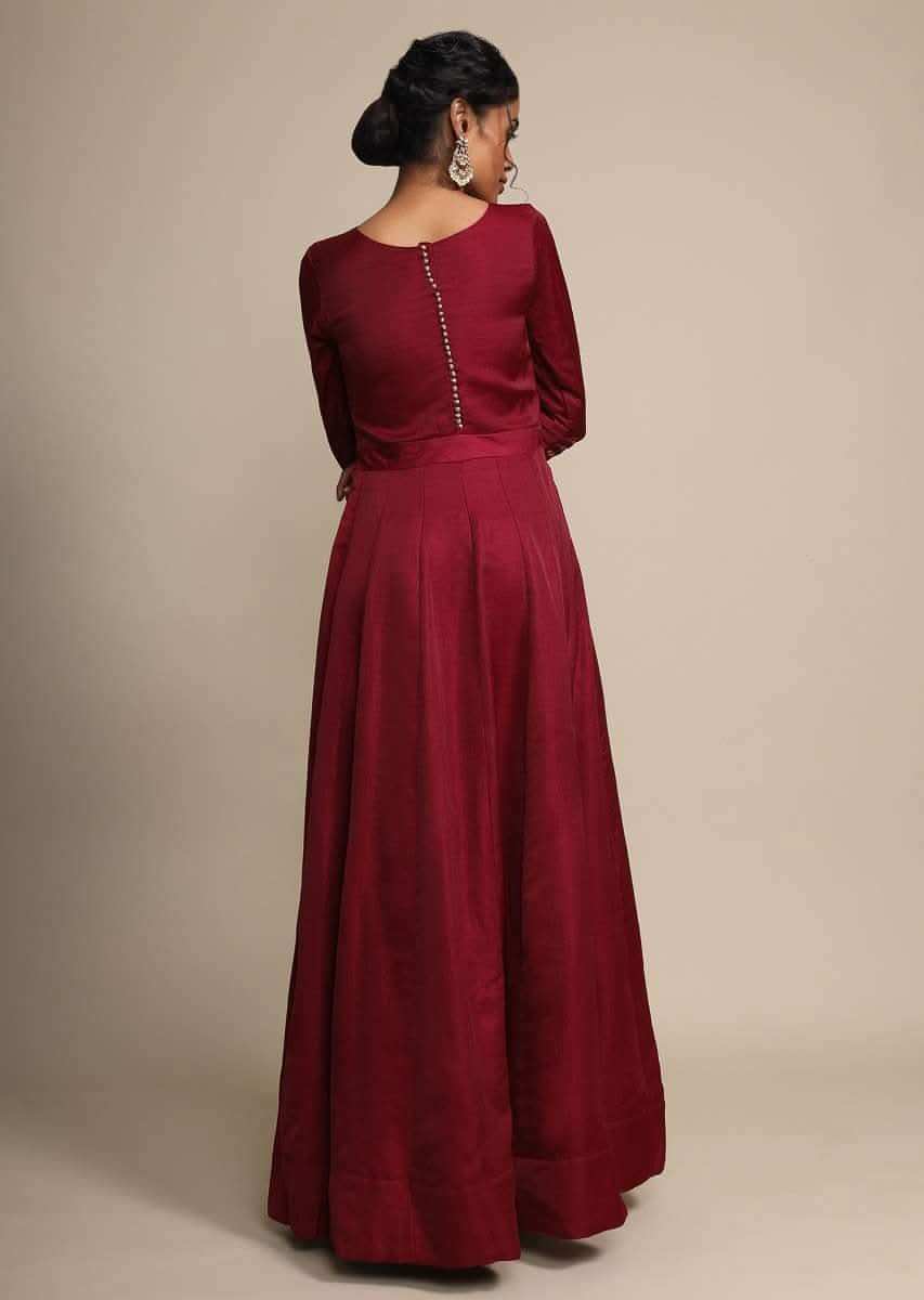 Maroon Anarkali Suit In Silk With A Banarasi Brocade Dupatta Adorned In Cutdana And Kundan Work