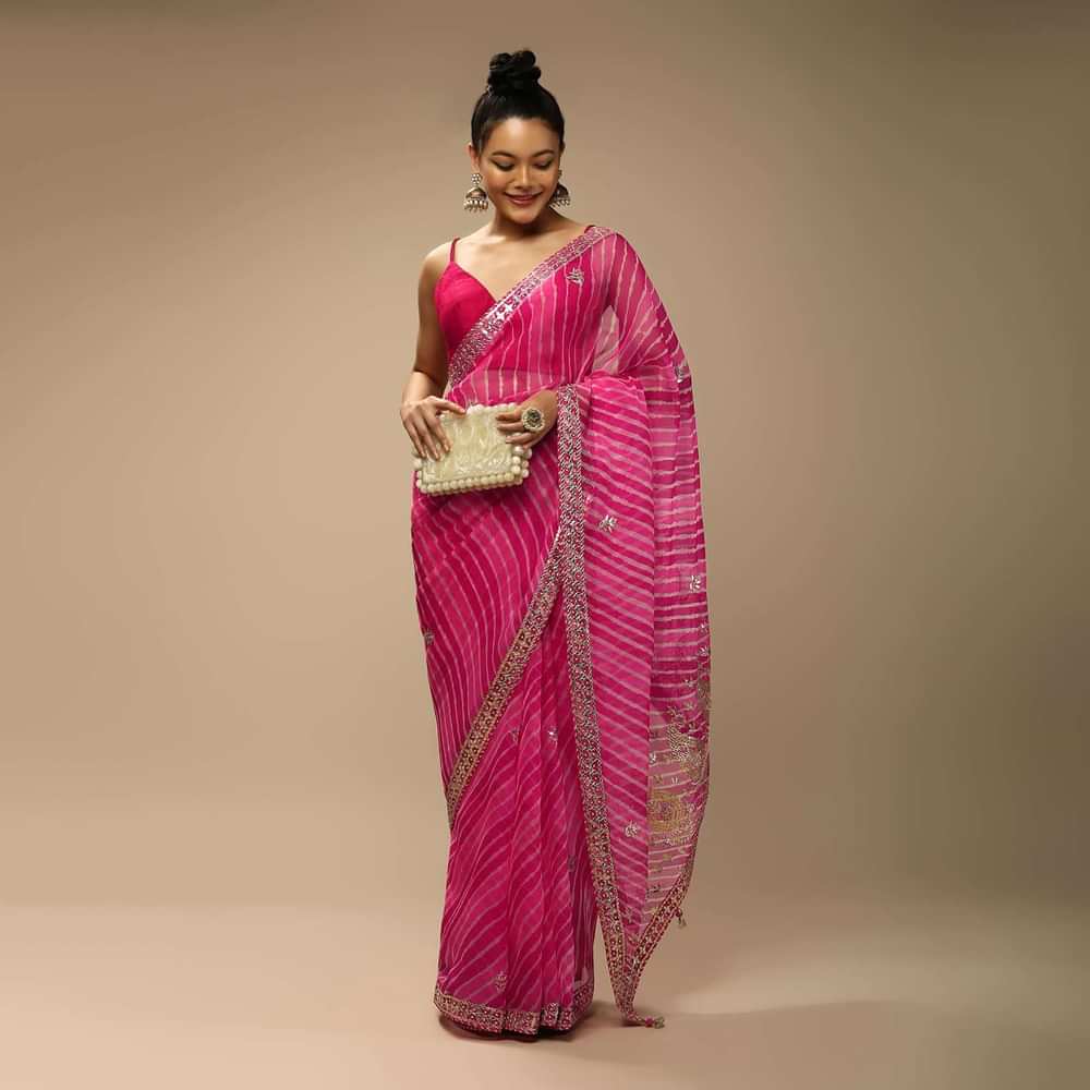 Magenta Dual Toned Saree In Organza With Lehariya Print And Gotta Patti Embroidered Paisley Motifs On The Pallu