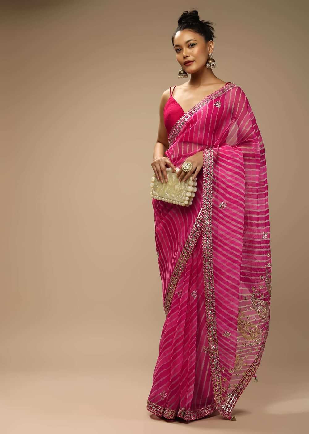 Magenta Dual Toned Saree In Organza With Lehariya Print And Gotta Patti Embroidered Paisley Motifs On The Pallu