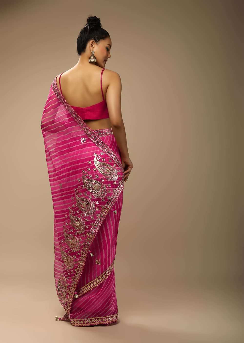 Magenta Dual Toned Saree In Organza With Lehariya Print And Gotta Patti Embroidered Paisley Motifs On The Pallu