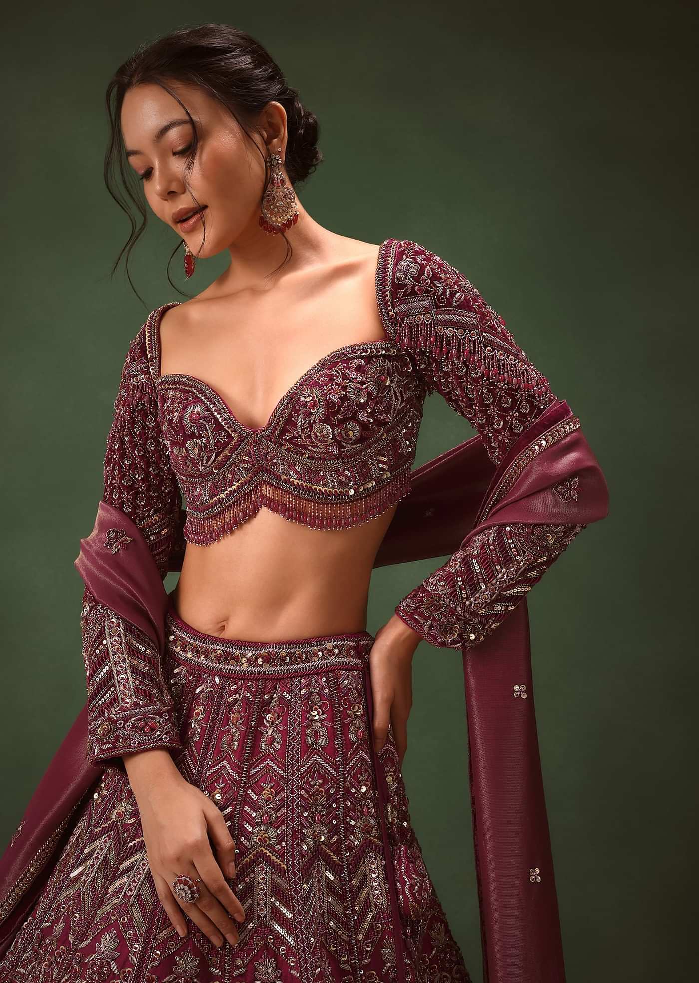 Magenta Embroidered Bridal Lehenga With Full Sleeves Blouse And Dupatta