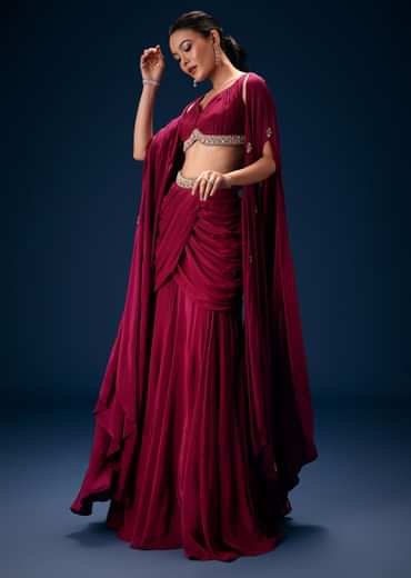 Magenta Fish Cut Draped Skirt With Hand Embroidered Blouse And Choker Dupatta