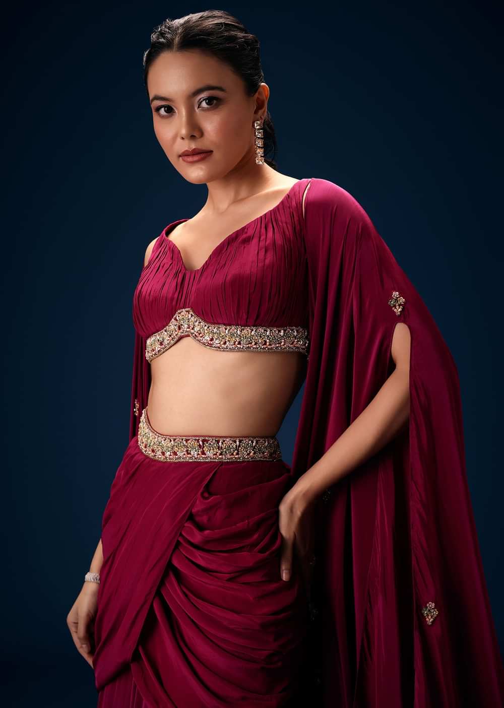 Magenta Fish Cut Draped Skirt With Hand Embroidered Blouse And Choker Dupatta