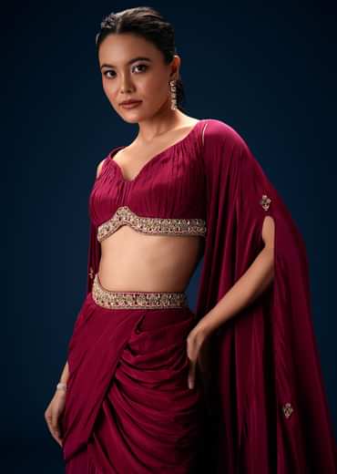 Magenta Fish Cut Draped Skirt With Hand Embroidered Blouse And Choker Dupatta