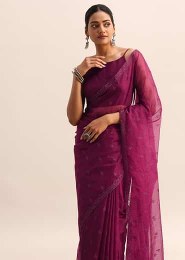 Magenta Organza Saree With Floral Resham Work And Unstitched Blouse