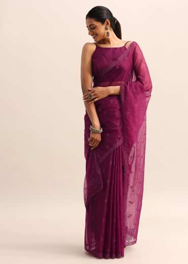 Magenta Organza Saree With Floral Resham Work And Unstitched Blouse