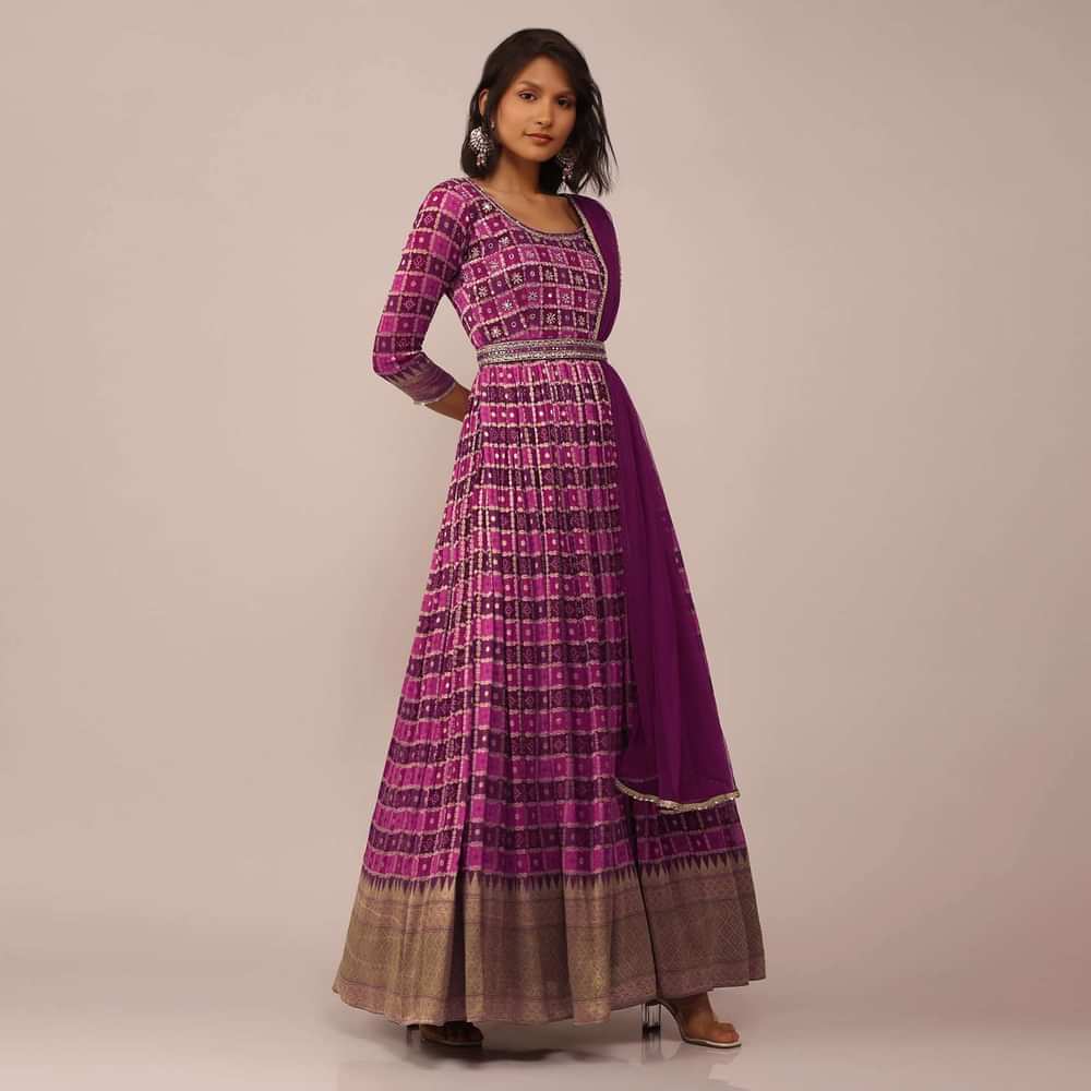 Magenta Pink Anarkali Set in Georgette with Embroidered Belt And Dupatta