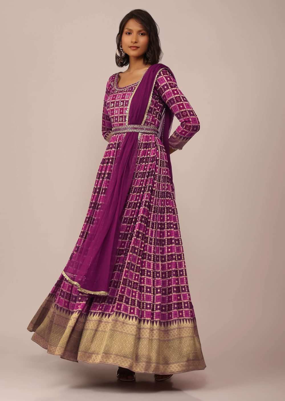 Magenta Pink Anarkali Set in Georgette with Embroidered Belt And Dupatta