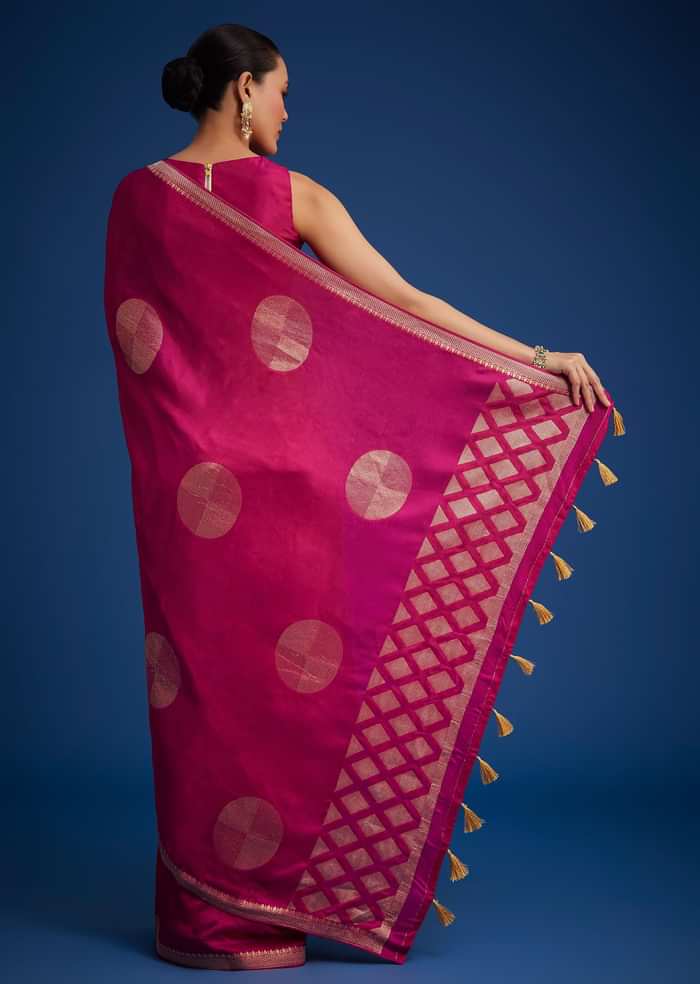 Magenta Pink Dola Silk Saree With Zari Work In Geometric Patterns