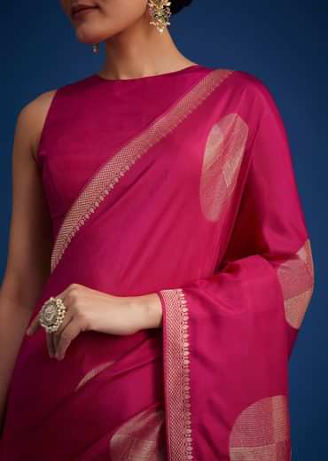 Magenta Pink Dola Silk Saree With Zari Work In Geometric Patterns