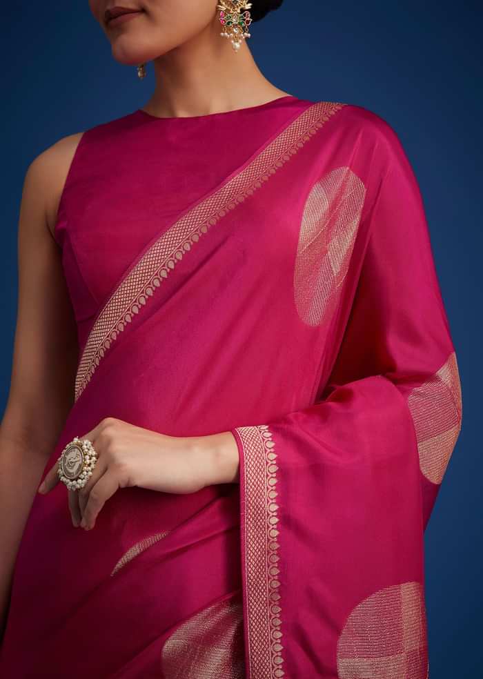 Magenta Pink Dola Silk Saree With Zari Work In Geometric Patterns