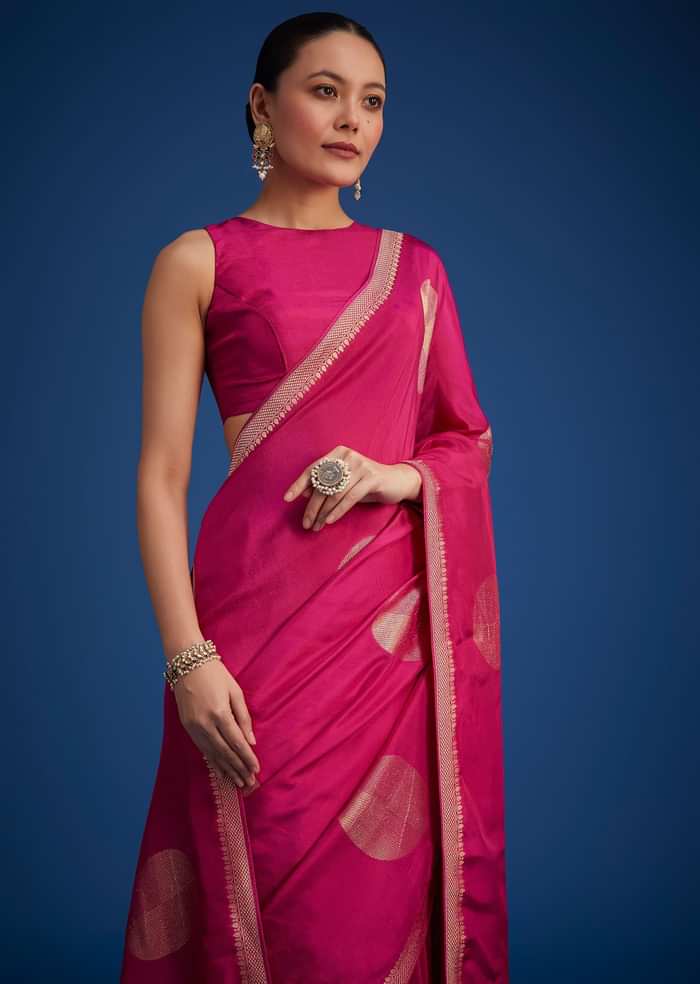 Magenta Pink Dola Silk Saree With Zari Work In Geometric Patterns