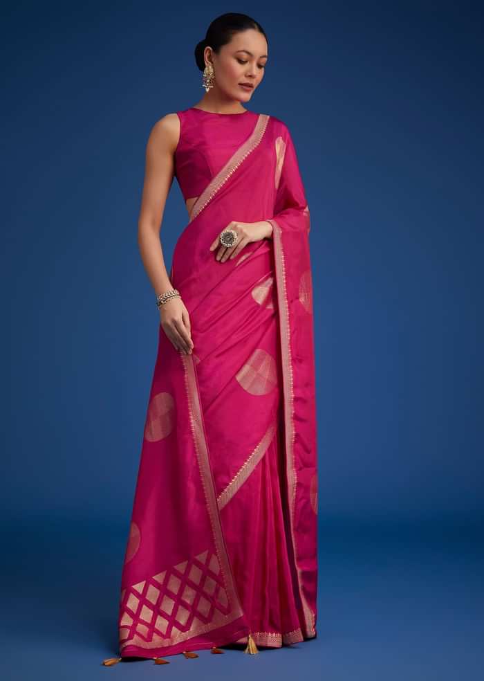 Magenta Pink Dola Silk Saree With Zari Work In Geometric Patterns