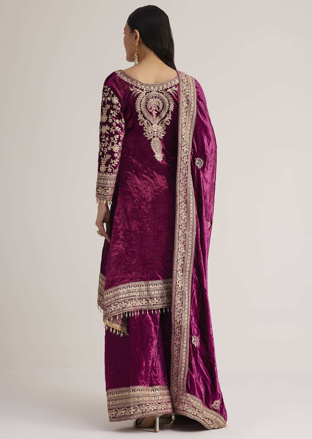 Magenta Pink Velvet Embroidered Palazzo Suit