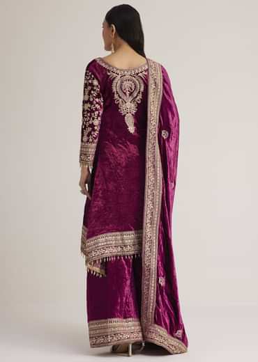 Magenta Pink Velvet Embroidered Palazzo Suit