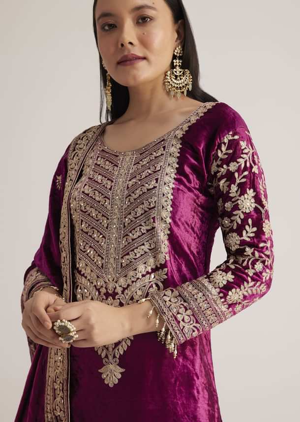 Magenta Pink Velvet Embroidered Palazzo Suit
